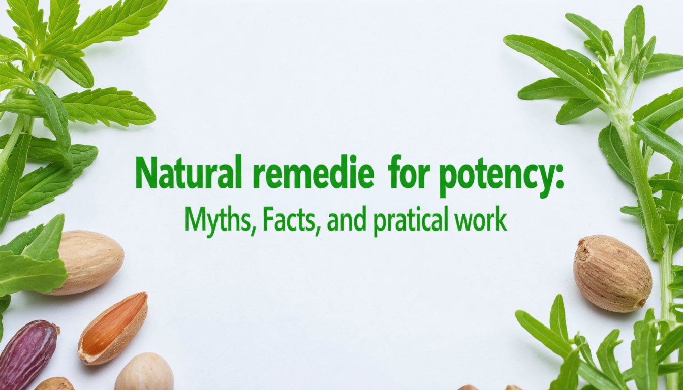 Doctor consulting a middle-aged man about natural remedies for potency, with herbs, healthy food, and a blood pressure monitor on the table